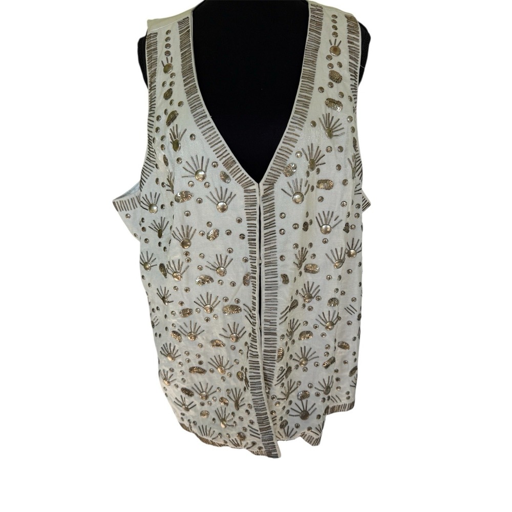 Chico's Hand Beaded Metal Embellished Vest Cream Shimmer Sz XL Cowgirl Boho